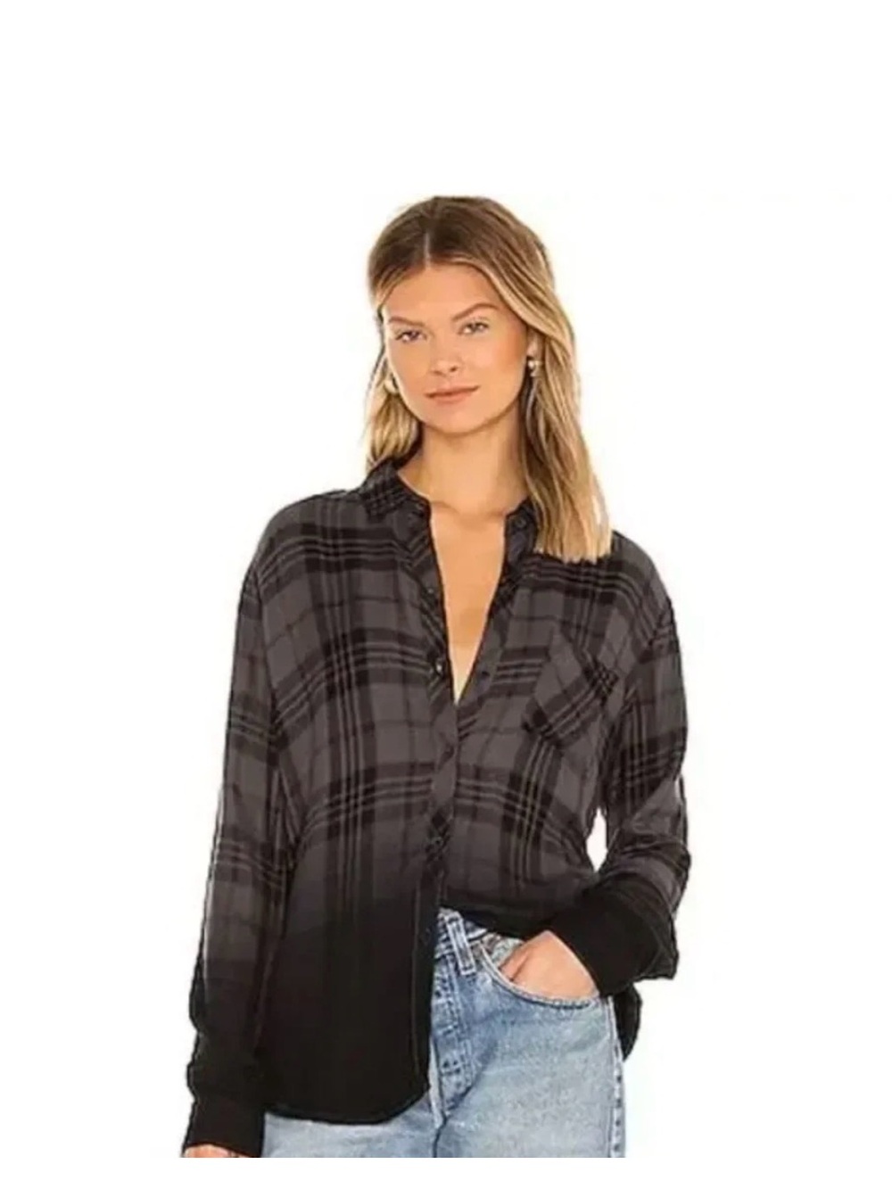 Rails Hunter Charcoal Dip Dye Ombre plaid button front shirt size Medium